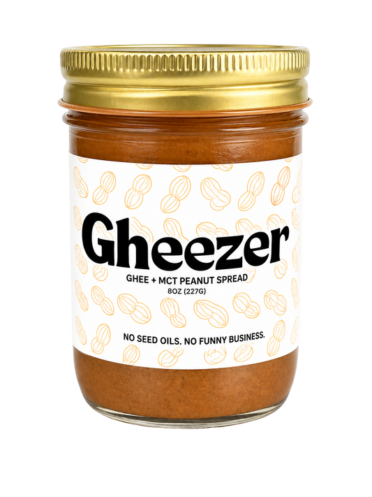 Three jars of Gheezer ghee peanut butter, handmade in small batches